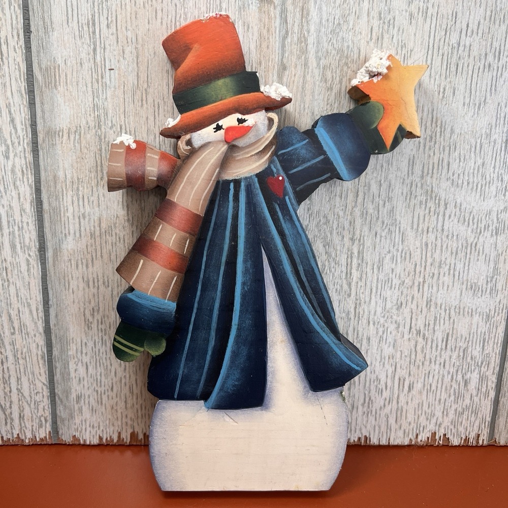 Vintage 90's Rustic Happy Wood‎ Snowman Decoration Christmas Shelf Decor 8" x 5"